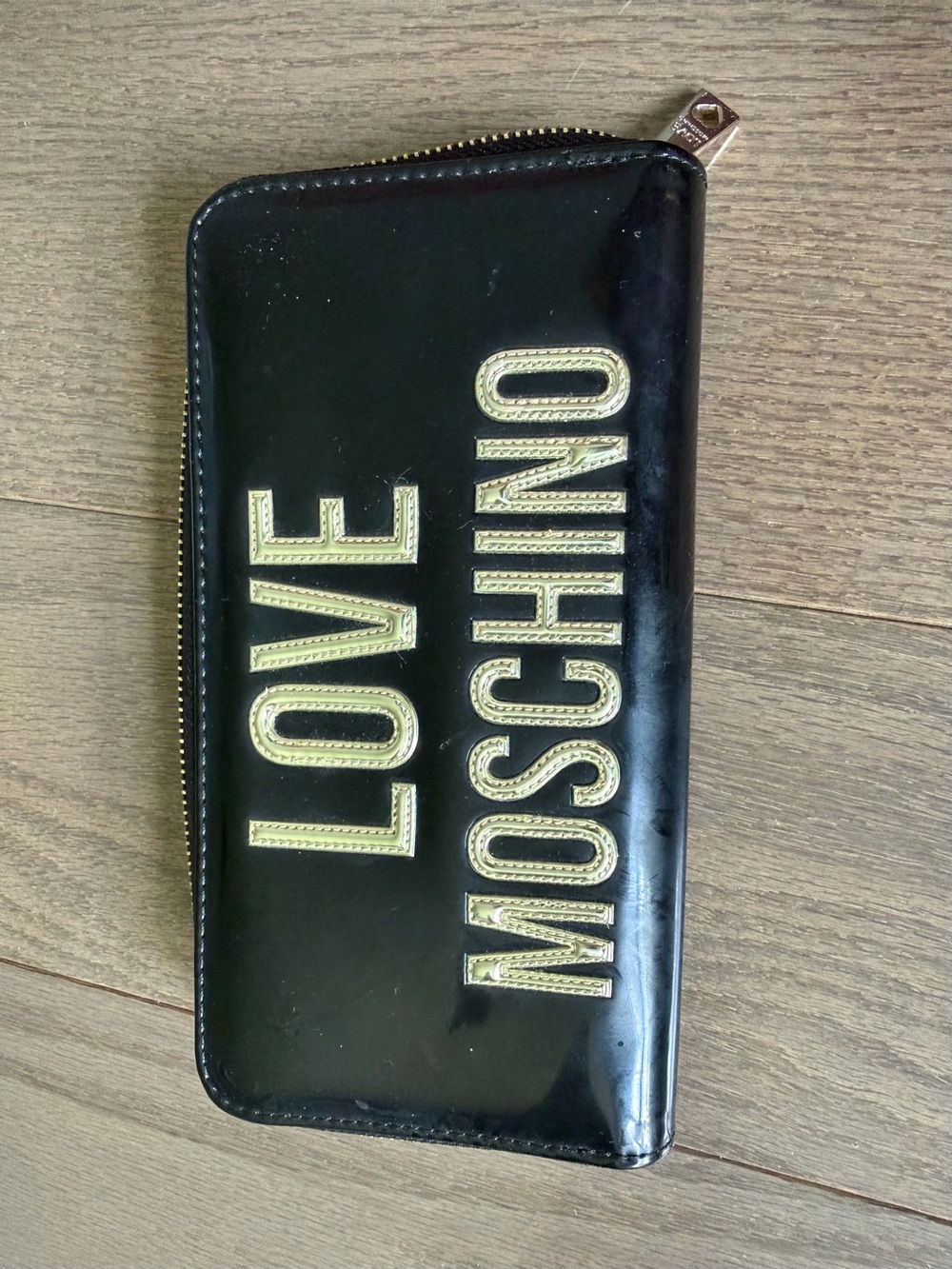 Moschino Black Patent Zip Wallet with Gold Logo